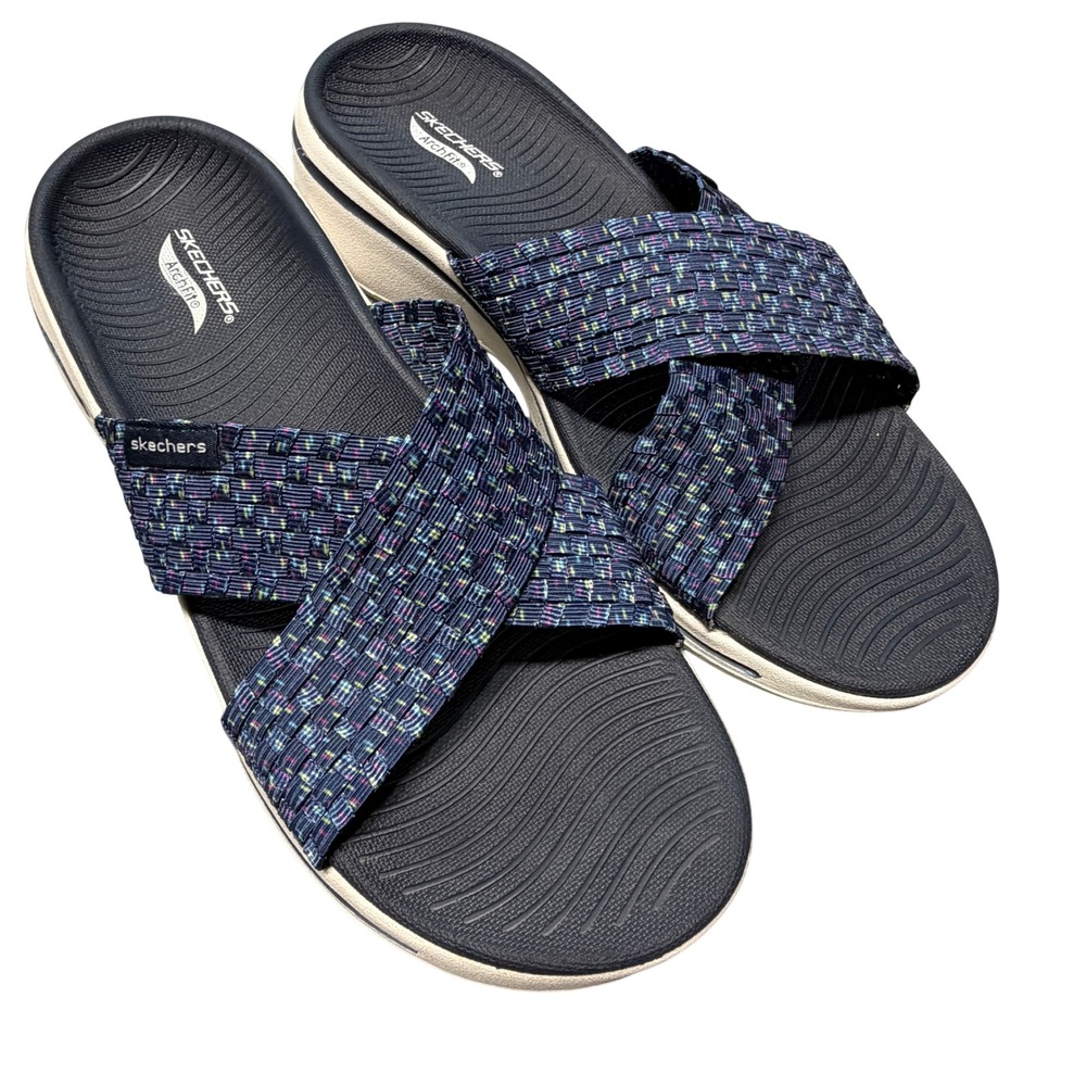 Skechers Arch Fit Navy Multi Woven Cross Strap Slide Sandals Ultra Go Women 9